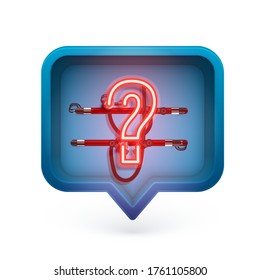 Neon question mark in a 3D speech box, vector illustration