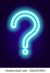 The neon question mark is blue. Multicolored glow-in-the-dark neon question mark blue, isolated contours with rounded edges glows on black. Ask help sign. Answer question sign