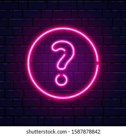 Neon question mark. Glowing pink question sign. Color neon banner on brick wall. Realistic bright night signboard. Shining neon effect. Vector illustration.