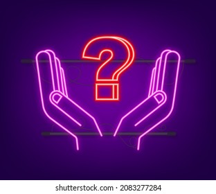 Marca de interrogación Neon en las manos para el diseño conceptual. Ilustración vectorial de tecnología. Ilustración isométrica abstracta. Icono de vector de negocio