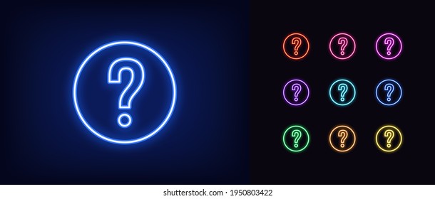 Neon question mark icon. Glowing neon question sign, outline query silhouette in vivid colors. Chat of support service, FAQ, get answer and advice. Vector icon set, sign, pictogram for UI