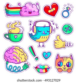 Neon quirky patch badges with fashion elements and cute animals. Hand-drawn stickers in cartoon old comic style. Set with bird, happy cloud, lips, etc. Brain with electric cable for charge. Part 1