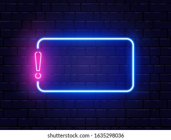 Neon quiz banner. Glowing exclamation mark. Color neon banner on brick wall. Realistic bright night signboard. Shining neon effect. Exclamation mark frame logo. Vector illustration