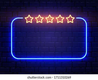 Neon quiz banner on brick wall. Realistic neon frame with five stars. Shining signboard. Star rating. Night bright advertising. Color neon banner. Vector illustration.