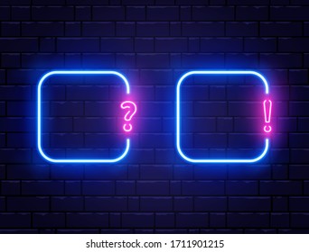 Neon quiz banner set. Glowing question and exclamation mark. Color neon banner on brick wall. Realistic bright night signboard. Shining neon effect. Vector illustration.