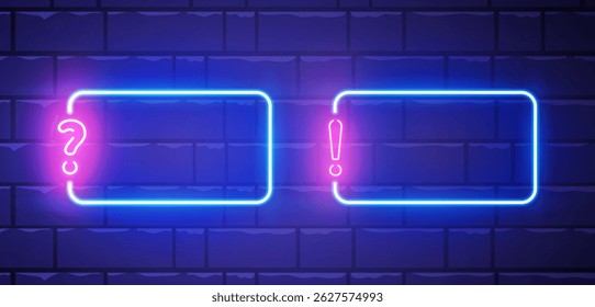 Neon quiz frames with glowing question and exclamation marks on dark brick wall background. Perfect for game shows, social media, and advertising designs. Vector Illustration.