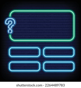 Neon quiz game template with question mark. Four options answers for knowledge exam in school, tv show. Vector Illustration 10 eps.