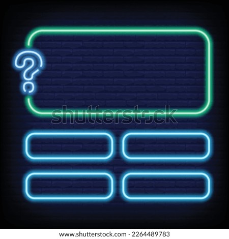 Neon quiz game template with question mark. Four options answers for knowledge exam in school, tv show. Vector Illustration 10 eps.