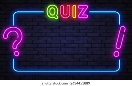 Neon quiz screen with question and exclamation marks on dark wall background