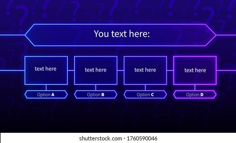 Neon Quiz Template. Stylish Game Contest With Choice Of Right Answer In Neon Glowing Banner Frame Fun Vector Knowledge Tournament Information Show I Want To Know Everything.