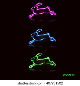 Neon rabbit on a black backround, abstract lights vector backgrounds
