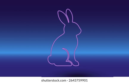 Neon rabbit symbol on a gradient blue background. The isolated symbol is located in the bottom center. Gradient blue with light blue skyline