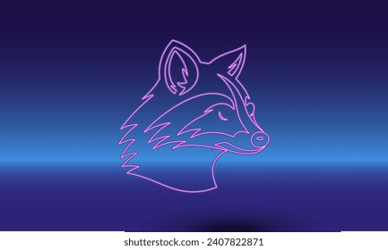 Neon raccoon head symbol on a gradient blue background. The isolated symbol is located in the bottom center. Gradient blue with light blue skyline
