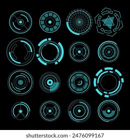 Neon radar. Virtual interface. Digital game viewfinder. GPS technology. Circle target. Sci-Fi UI. HUD screen aim. Snipers tech crosshair. Futuristic graphic bar. AI button cyber vector elements set