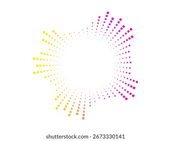 Ecualizador radial de neón con barras de sonido punteadas. Vector de espectro de audio circular para visualización de música o diseños de radar.