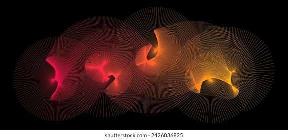 Neon radiating spiral shape pattern. Abstract spreading rotating lines. Yellow orange red spinning circle on black background. Futuristic cloud concept. Digital aurora or moire effect. Vector backdrop