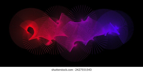 Neon radiating spiral shape pattern. Abstract spreading rotating lines. Red purple blue spinning circle on black background. Futuristic cloud concept. Digital aurora or moire effect. Vector backdrop