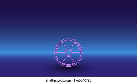 Símbolo de radiación neón sobre un fondo azul gradiente. El símbolo aislado está situado en el centro inferior. Azul degradado con horizonte azul claro