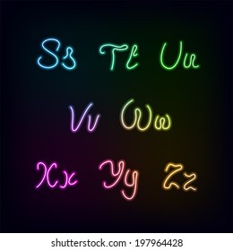 Neon rainbow color glow alphabet., vector realistic color dodge letters