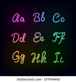 Neon rainbow color glow alphabet., vector realistic color dodge letters