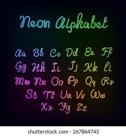 Neon rainbow color glow alphabet., vector realistic color dodge letters