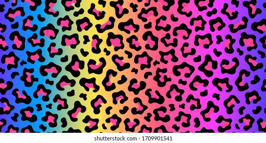Neon rainbow colored leopard print seamless pattern  Gradient background  Vector wallpaper 	