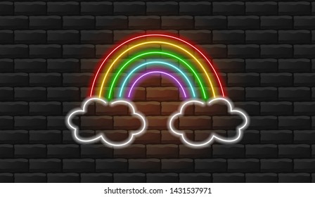 Neon rainbow, rainbow design, neon light, brick background vector illustration