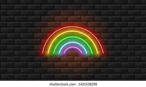 Neon rainbow, rainbow design, neon light, brick background vector illustration