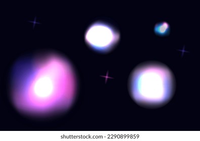 Neon rainbow flares of light. Dazzling glow with geometric reflection. A bright beam of a blue spotlight, a lens with optical reflections of rays. Explosion, burst of shine, colorful sparkle. Vector. 