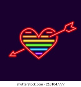 Neon rainbow heart with arrow. Symbol of free love glowing romantic symbol with lines. Joyful confession in vector feelings