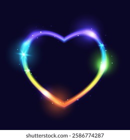 Neon rainbow heart sparkle light frame for dark backgrounds - shiny element for Valentines day and wedding design 