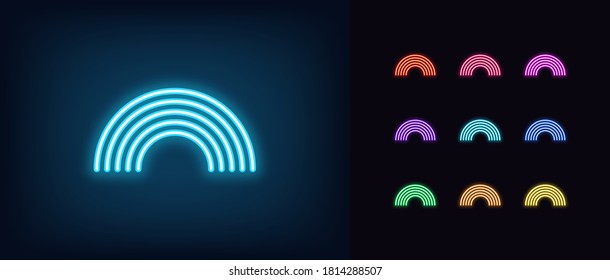 Neon rainbow icon. Glowing neon arch sign, monochrome rainbow in vivid colors. Bright retro arc, rainbow silhouette. Icon set, sign, symbol for UI. Vector illustration