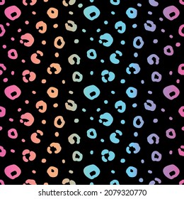 Neon rainbow leopard seamless pattern. Vector illustration. Bright gradient animal texture on black backdrop