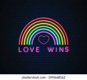 Neon rainbow with love wins text vector illustration. Pride rainbow vector. Neon rainbow sign.