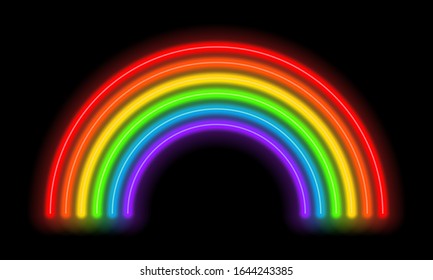 Neon rainbow on a dark background. Glowing multi-colored lines. Vector illustration.