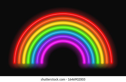 Neon rainbow on a dark background. Glowing multi-colored lines. Vector illustration.