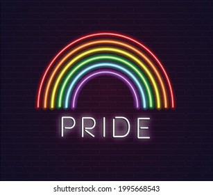 Neon rainbow with pride text vector illustration. Pride rainbow vector. Neon rainbow sign.