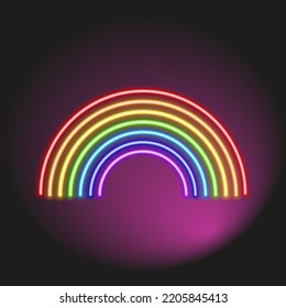 Forma de arco iris neón, ilustración vectorial, símbolo y signo lgbtq+, ilustración de fenómenos naturales, línea de borde de tubo neón, estilo de luz eléctrica neón.