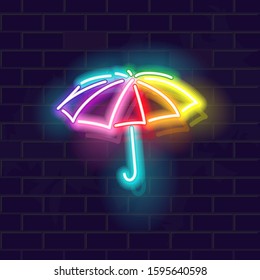 Neon rainbow umbrella on brick wall background. Glowing vector line art. Illustration for poster, like icon, logo, invitation card for wedding or love party.