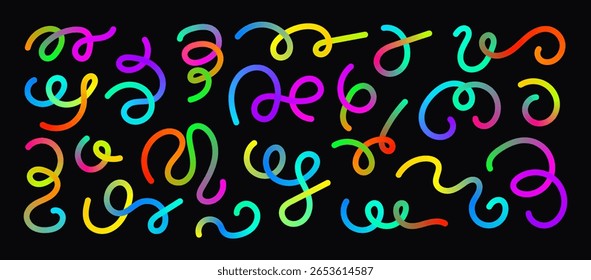Neon Rainbow wellenförmige Linien. Helle 3D-Effektwellen. Kurve und dynamisches Kritzeln. Abstraktes Squiggle-Paket. Farbige Farbverlauf Fluid Formen gesetzt.