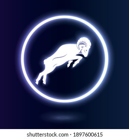 A neon ram profile with a large horn button. Side view. Aries Zodiac astrology symbol of the sheep. Aries illustration vector flat design. Silhuette of a goat's head as a mascot of fortune and sport