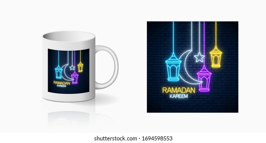 Neon ramadan islam holy month symbol for cup design. Ramadan fanus lanterns, star and crescent design, banner in neon style on mug mockup. Vector shiny design element