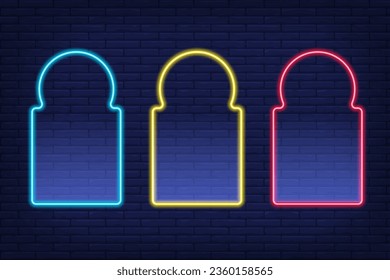 Neon Ramadan islamic frame. Vector arch shapes on dark background. Muslim door and window. Arabian bright template set