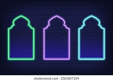 Neon Ramadan islamic frame. Vector arch shapes on dark background. Muslim door and window. Arabian bright template set