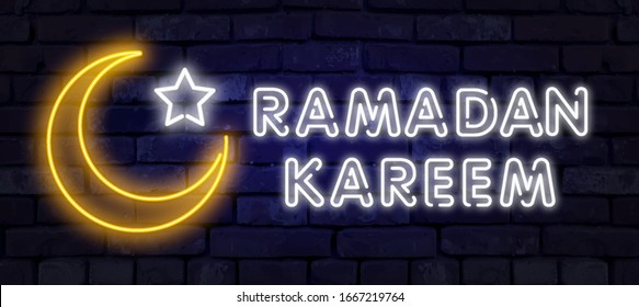 Neon Ramadan Kareem greeting cards, neon sign. Design template, light banner, night neon advert. Ramadan Kareem - Glorious month of Muslim year. Vector illustration