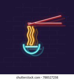 Neon ramen in bowl. Night illuminated wall street sign. Hot food in dark night. Isolated geometric style illustration on brick wall background.