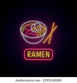 Neon Ramen soup sign. Glowing Ramen icon and text on brick wall background. Vector illustration in neon style.