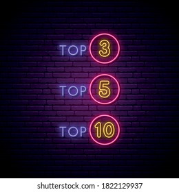 Neon Rating Signboard. Glowing Symbols Of Top 3, Top 5 And Top 10 Things. Stock Vector Illustration In Neon Style.