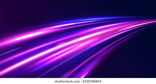 Neon rays vector abstract background. Futuristic technological style. Abstract background with speed lines. Vector illustration. Futuristic. The light lines of the road are blue.