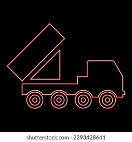 Neon-rereaktives System Volley-Feuer-Salvo Artillerie Amerikanischer mehrmaliger Start auf Radfahrgestell Hochbewegliche Armee-LKW-Luftverteidigung gegen Luftfahrzeug-rote Vektorgrafik-Bild-Flachformat
